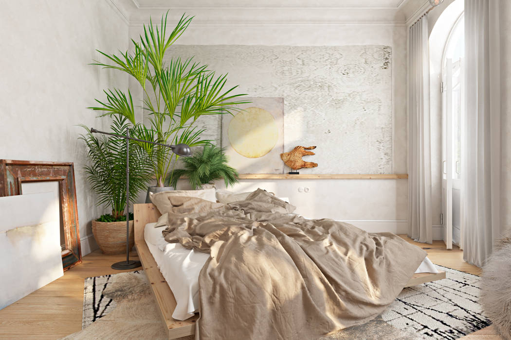 Вид на кровать. Дневное освещение. Анна Морозова Спальня в эклектичном стиле двуспальная кровать,кровать из фанеры,фреска за изголовьем