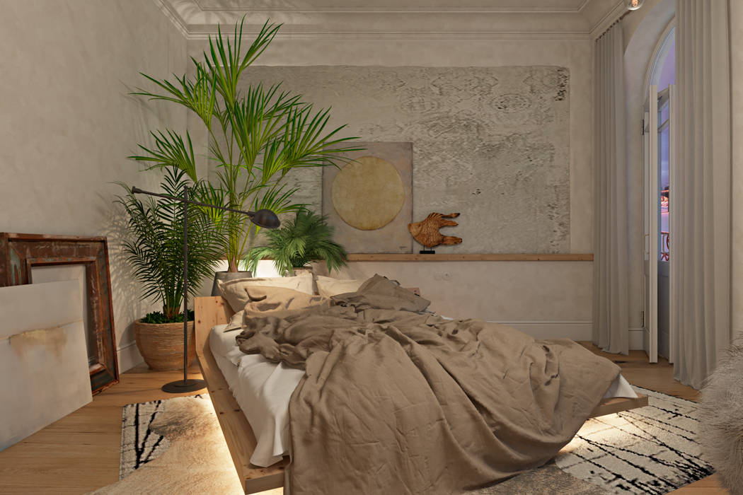 Вид на кровать. Вечернее освещение. Анна Морозова Спальня в тропическом стиле освещение спальни