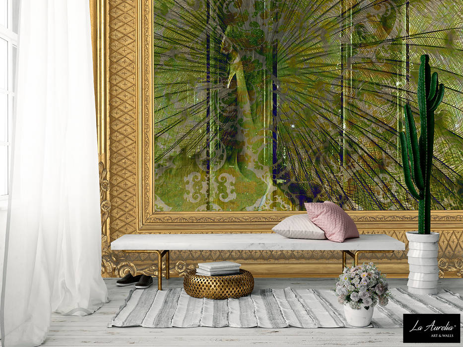 Elegance -Framed- Wallpaper La Aurelia Moderne muren & vloeren wallart,wallcoverings,behang,wallcovering,mural,peacock,baroque,greenery,frame,art,gold,luxe,Behang