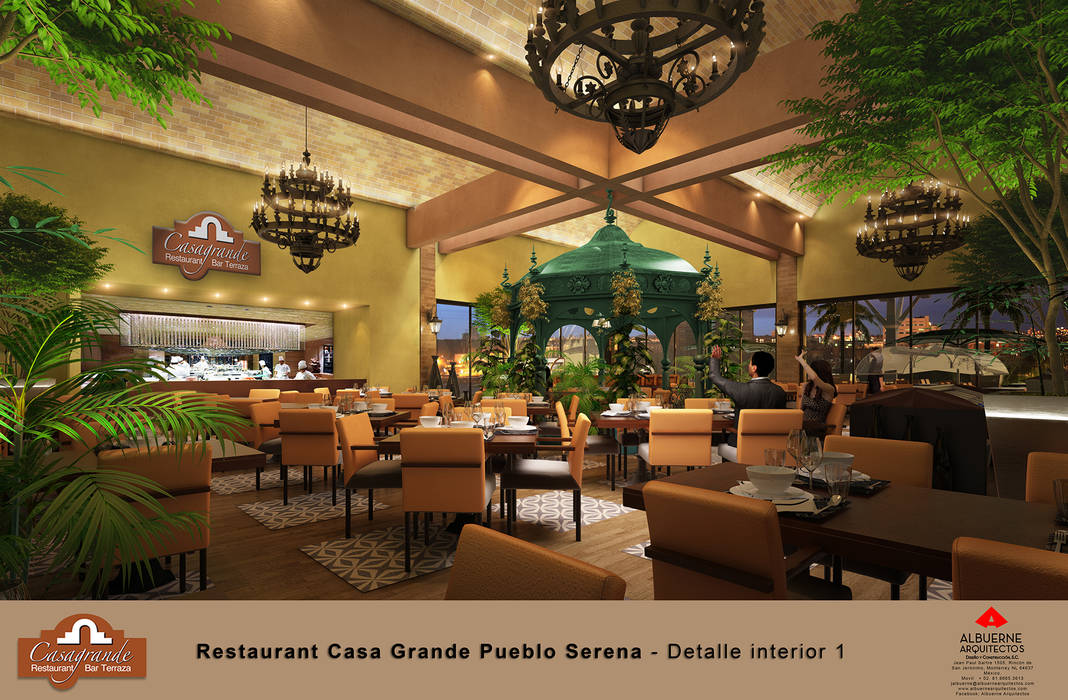 RESTAURANT CASA GRANDE, Tipo Mexicano, Pueblo Serena, por ALBUERNE ARQUITECTOS, en Monterrey NL Mexico, ALBUERNE ARQUITECTOS ALBUERNE ARQUITECTOS Commercial spaces Bricks Shopping Centres