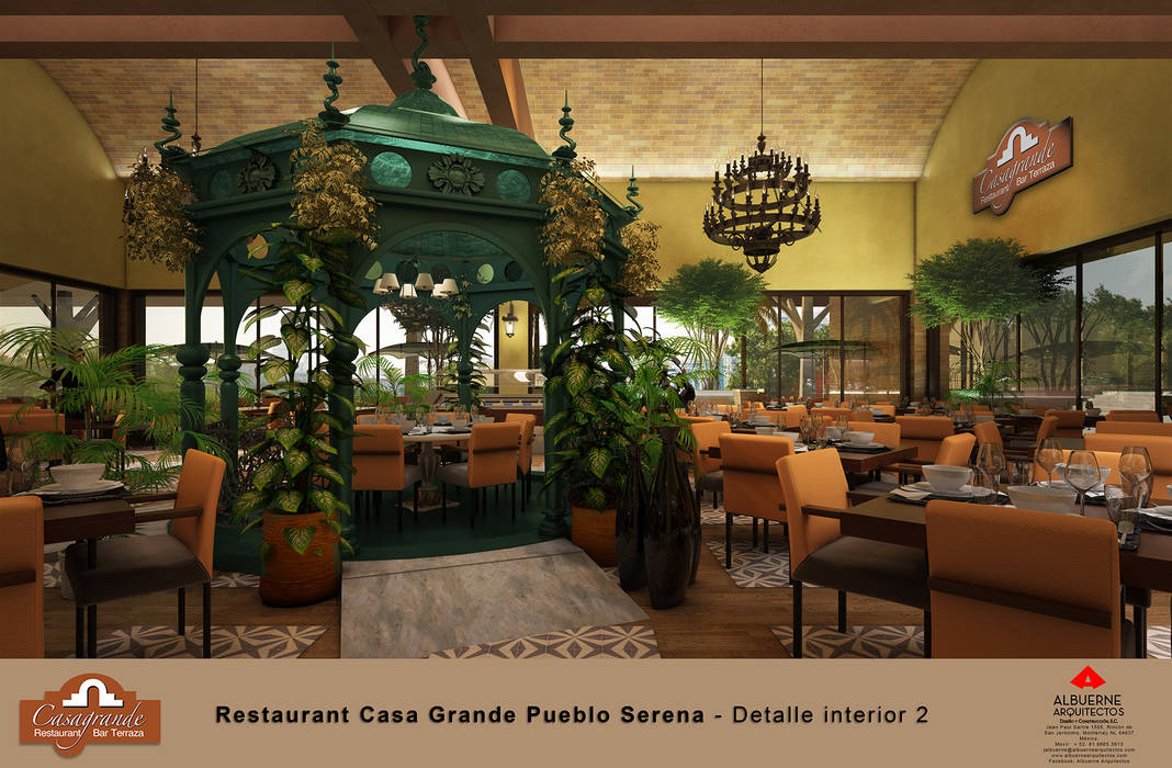 RESTAURANT CASA GRANDE, Tipo Mexicano, Pueblo Serena, por ALBUERNE ARQUITECTOS, en Monterrey NL Mexico, ALBUERNE ARQUITECTOS ALBUERNE ARQUITECTOS Commercial spaces Bricks Shopping Centres