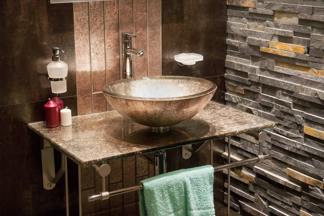 Exposed Brick, Statement Sink Gracious Luxury Interiors Kamar Mandi Gaya Industrial