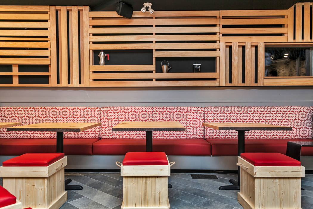 Bench seating area Alice D'Andrea Design Commercial spaces Wood Wood effect bench,stools,wood stool,coffee table,bar,commercial design,modern design,industrial design,wood wall,accent wall,tile pattern,upholstery bench,Bars & clubs