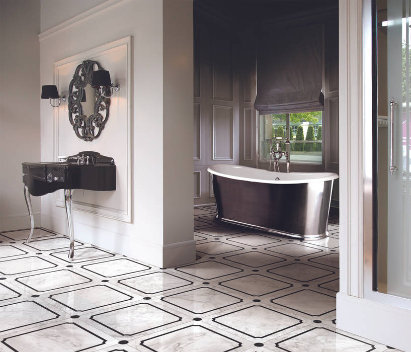 Miami Console | Black Amelie Mirror | Prestige Marble Flooring | Regal Freestanding Bath Devon&Devon UK Classic style bathroom