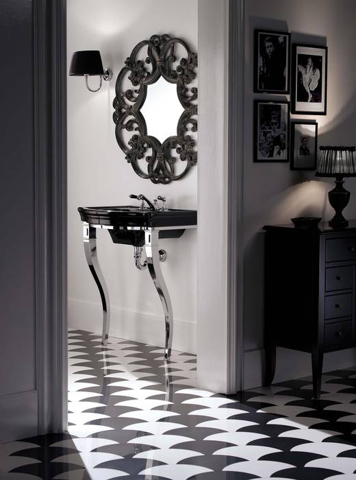 Marlene console | Plume Ceramic Tiles | Amelie Mirror Devon&Devon UK Classic style bathroom