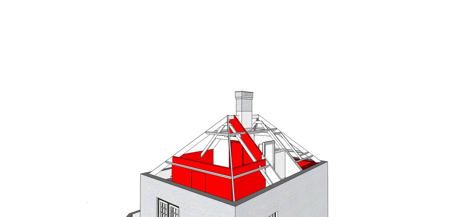 Huis SH, 3D tekening, Zolder, Oude situatie, Rood wordt verwijderd Urban Pioneers Moderne slaapkamers