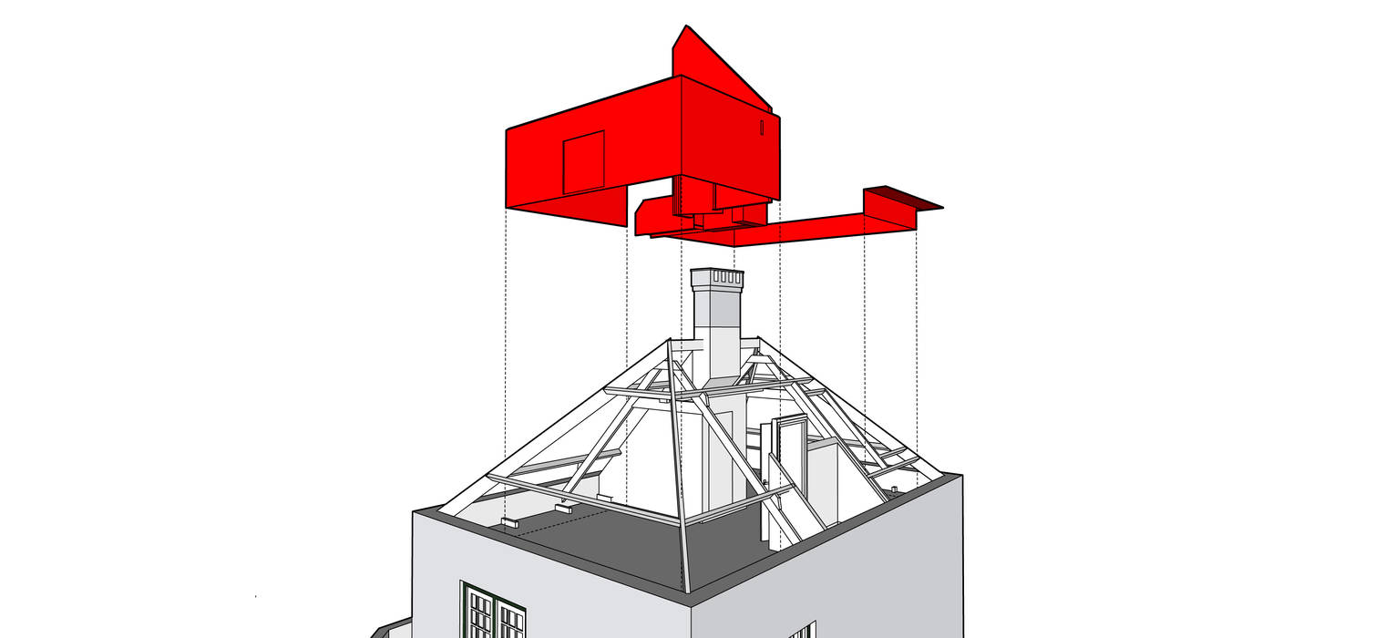Huis SH, 3D tekening, Zolder, Oude situatie, Rood wordt verwijderd Urban Pioneers Moderne slaapkamers