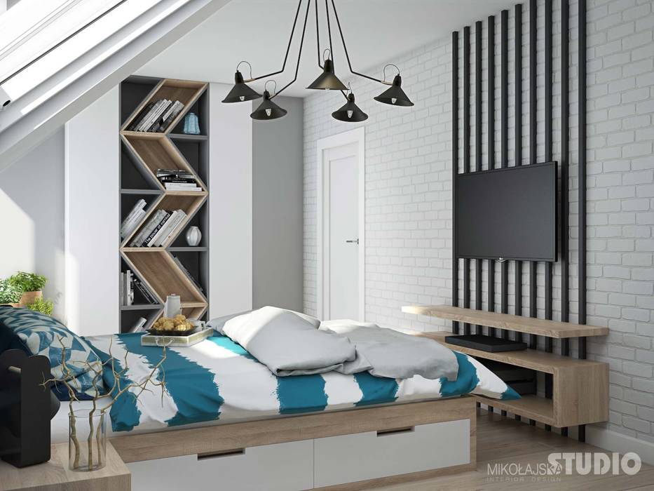 Modernes schlafzimmer mit akzenten in türkis industriale schlafzimmer