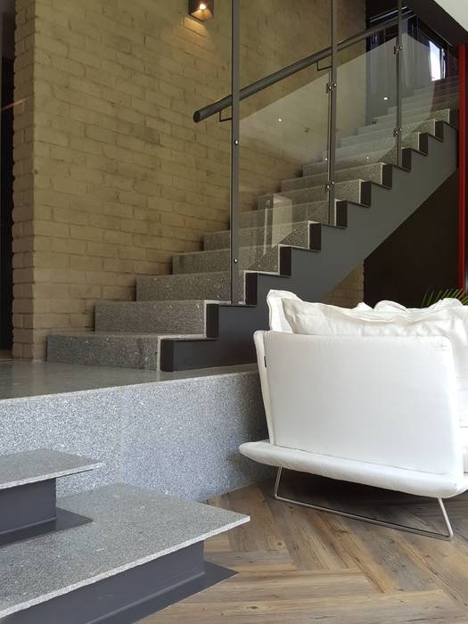 landing and stairs Human Voice Architects Modern living room stairs,granite,landing,steel,glass,balustrade