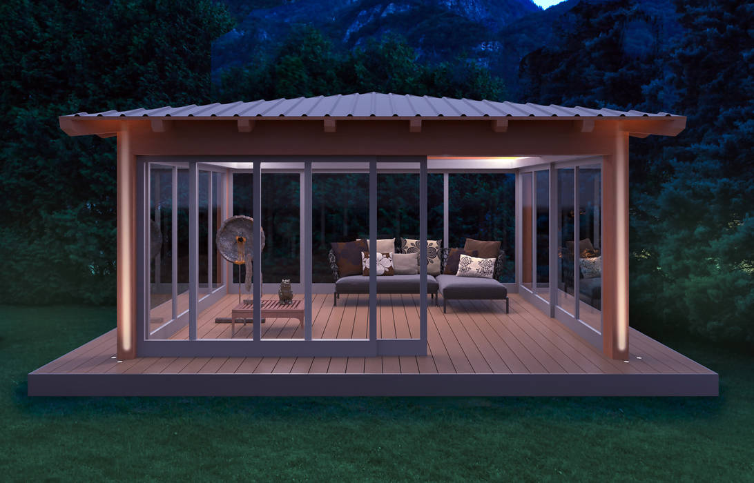 Gazebo Cosmo mod. Star Verdebano ASC F.lli Saramin & Co. s.n.c. Giardino in stile asiatico Legno composito Trasparente gazebo,esterno in legno,illuminazione a LED,cromoterapia,travi in legno,pavimento in legno