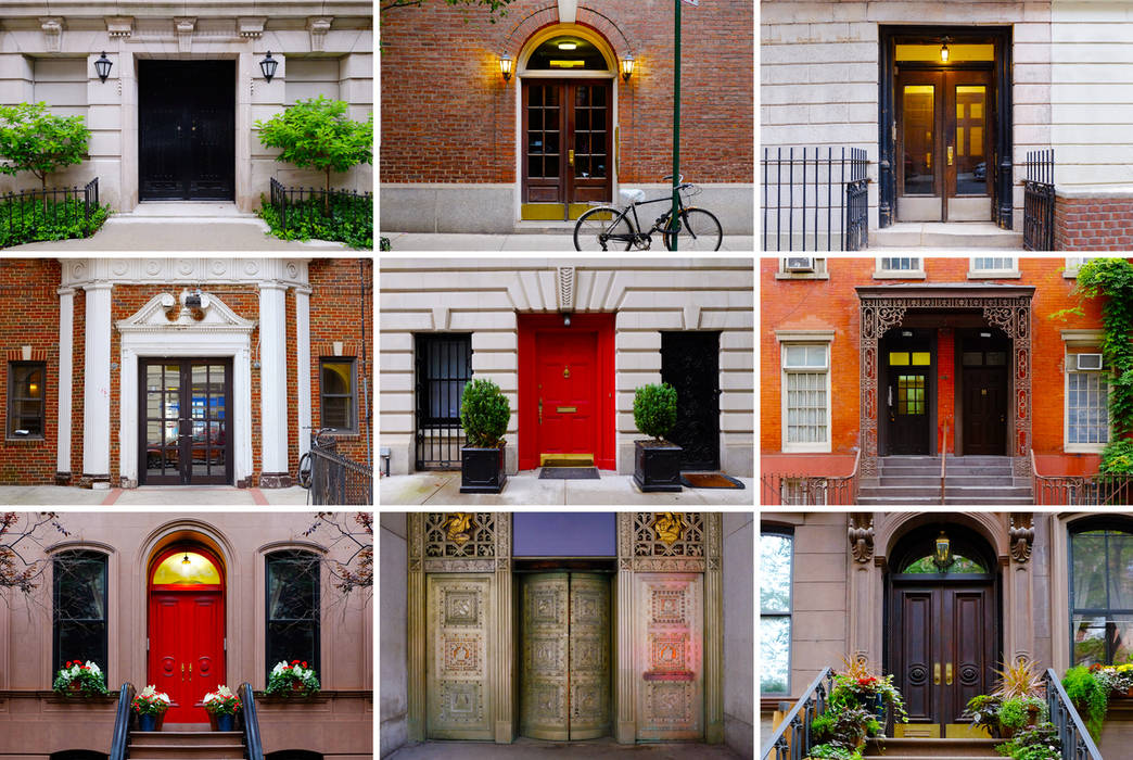 Photo collage of colorful front doors to Manhattan houses and homes. Collage of the New York city doors. Different american front entrance doors from the NYC, USA. Colorful living compilation set. homify