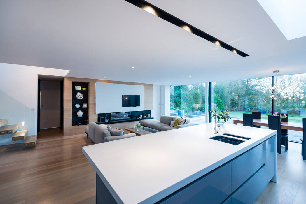 White Oaks Kitchen/Living Space Barc Architects Cocinas de estilo moderno kitchen,white,black,grey,open plan,living room,fireplace,glazed wall,contemporary,modern