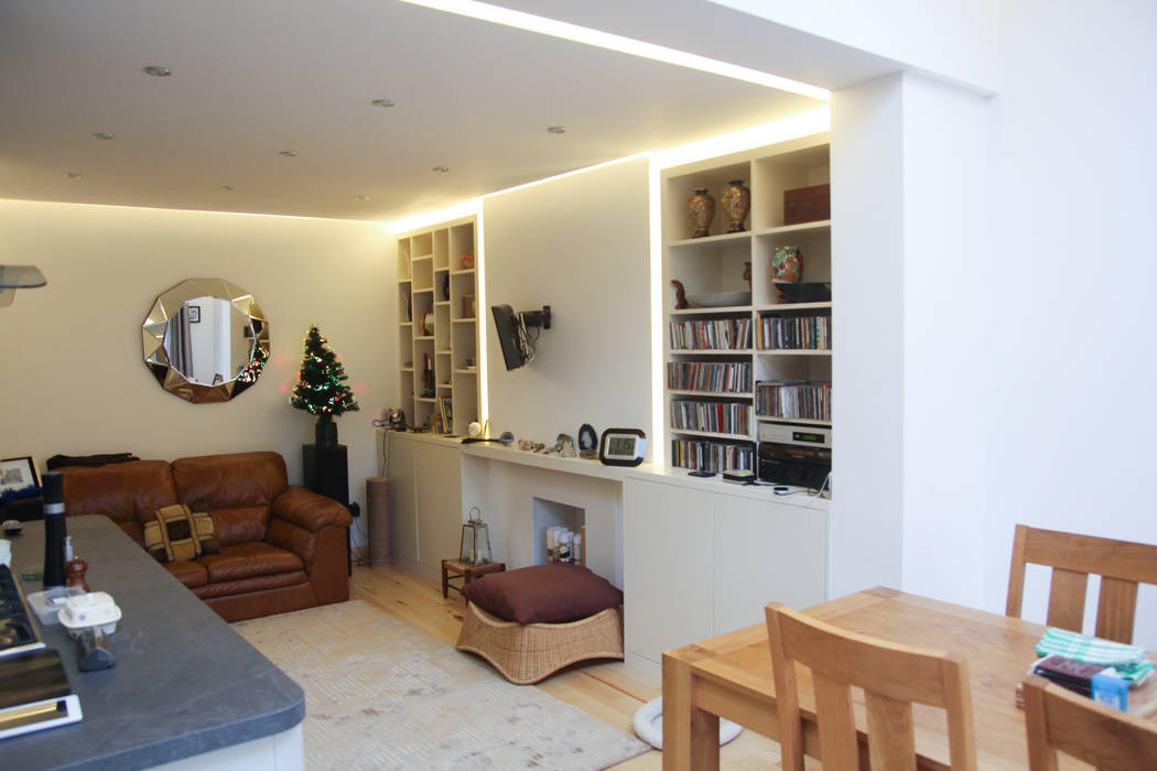 Beckenham Extension Bolans Architects Modern Living Room LED Lighting,custom-made shelves