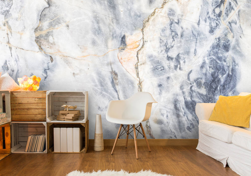 White and Blue Marble Effect Wallsauce.com Pareti & Pavimenti in stile moderno Carta da parati