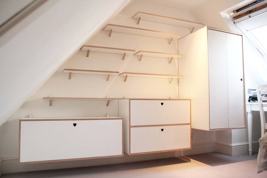 Full Shelving system with cabinets and wardrobe Happenstance Workshop Modern style bedroom Plywood shelving,modern,minimal,modular,furniture,storage,books,floating,shelf,design,Wardrobes & closets