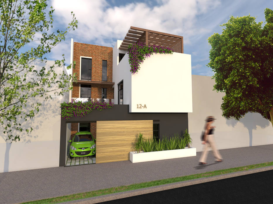 Fachada principal. homify Casas modernas Ladrillos fachada,garage,cochera,terraza en la azotea