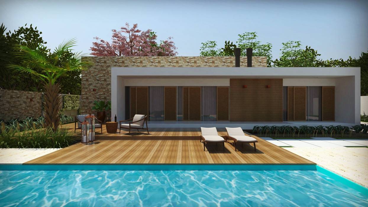 Casa em estilo contemporrâneo Cíntia Schirmer | arquiteta e urbanista Casas modernas Tijolo casa,Casa de praia,casamoderna,casa contemporânea,jardim,piscina,deck,varanda,fachada,moderna