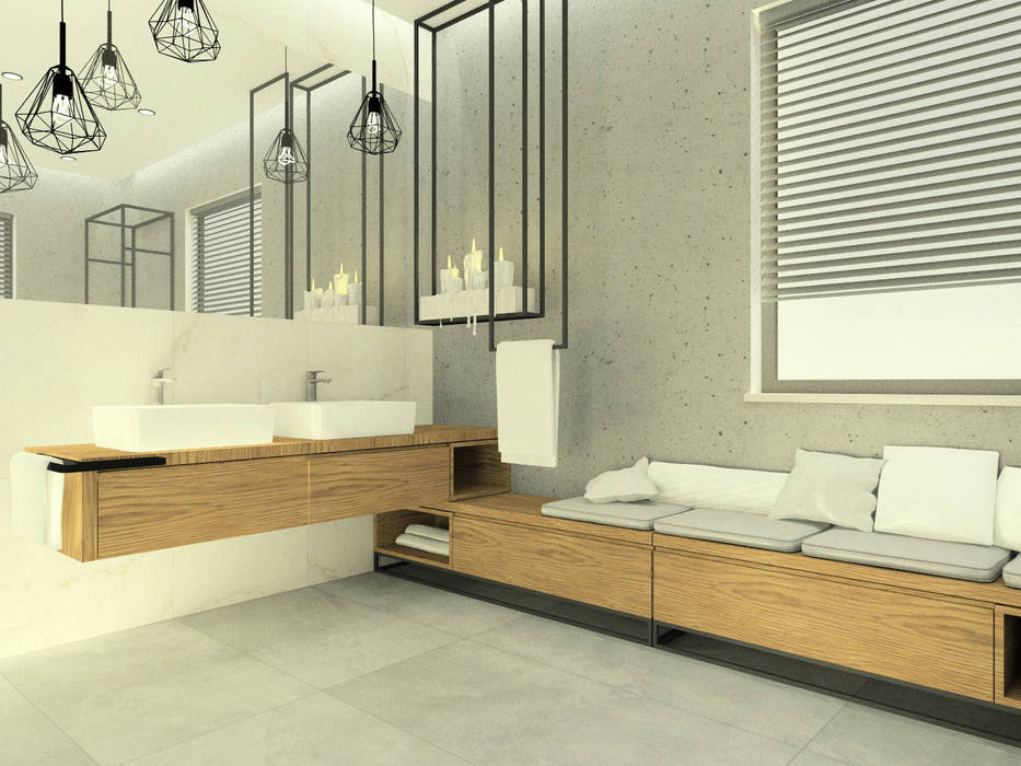 Łazienka z dodatkami drewna i stalowymi konstrukcjami. Esteti Design Industrialna łazienka Drewno O efekcie drewna
