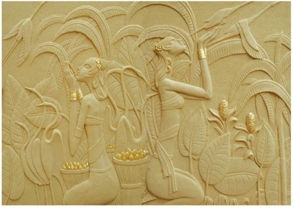 3 D Gold Leafed Mural Mint White Sandstone - Apsaras reaping Gold Corn, HOUZDECOR HOUZDECOR Classic style living room Sandstone