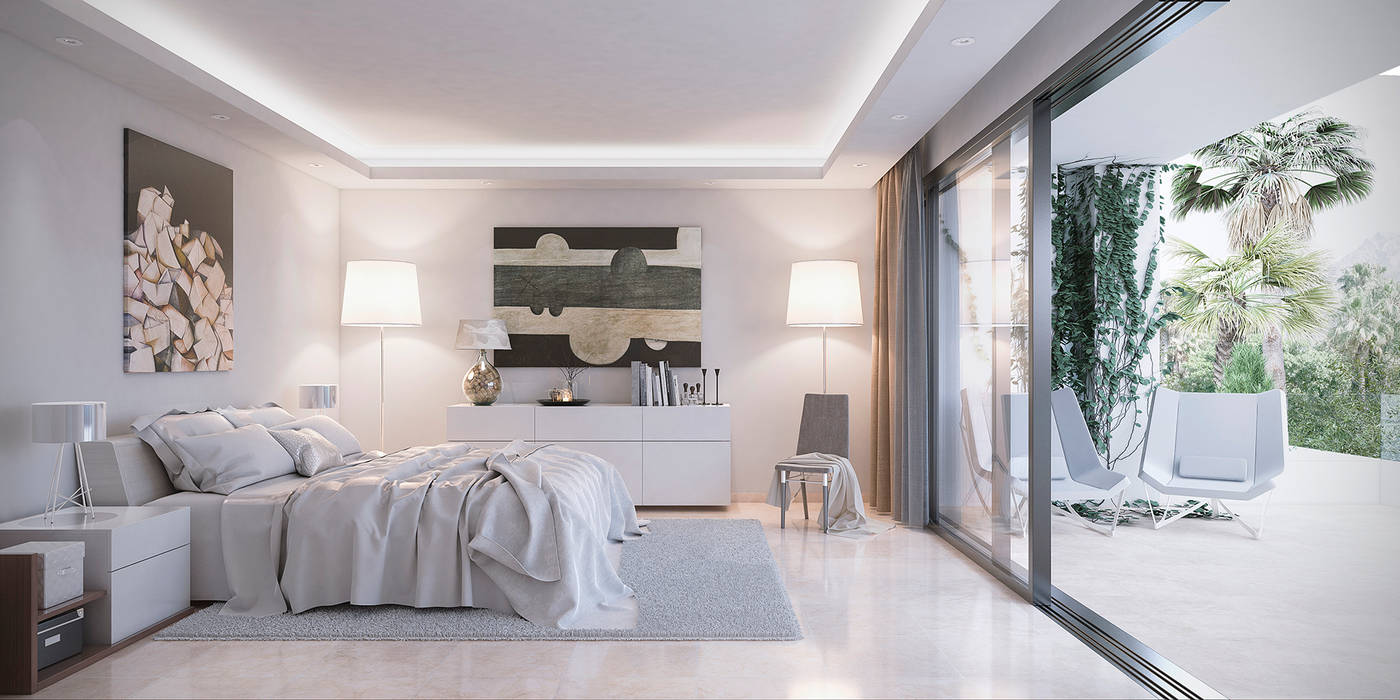 Villas en Altos de Puente Romano DIKA estudio Dormitorios de estilo minimalista Marco,Propiedad,Muebles,Madera,Comodidad,Textil,Diseño de interiores,Marco de la cama,Arquitectura,Gris