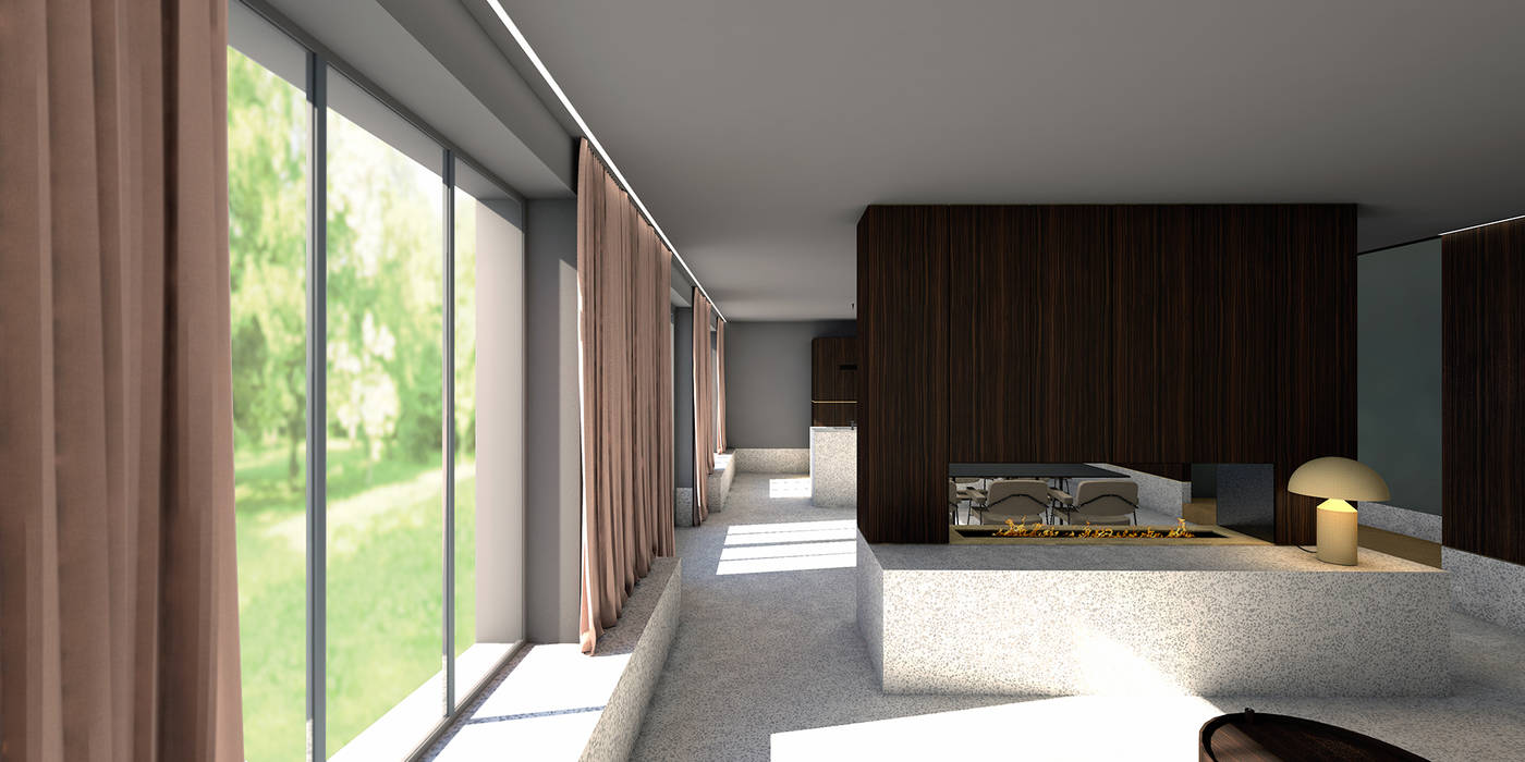 zitkamer De Nieuwe Context Moderne woonkamers Glas haard,vensterbank,goud,hout,rosewood,tuin,terrazzo,contrast,verlichting,donker,keuken,maatmeubilair