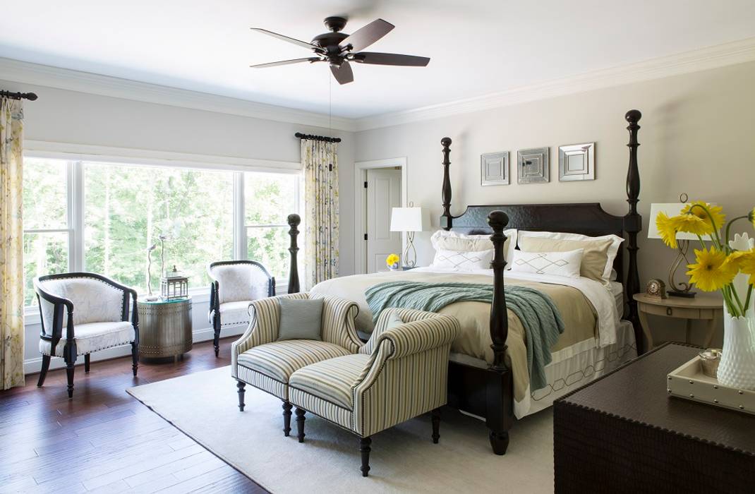Riverside Retreat - Guest Bedroom Lorna Gross Interior Design Classic style bedroom white rug,custom,blue,yellow,nailhead,post bed,custom linen