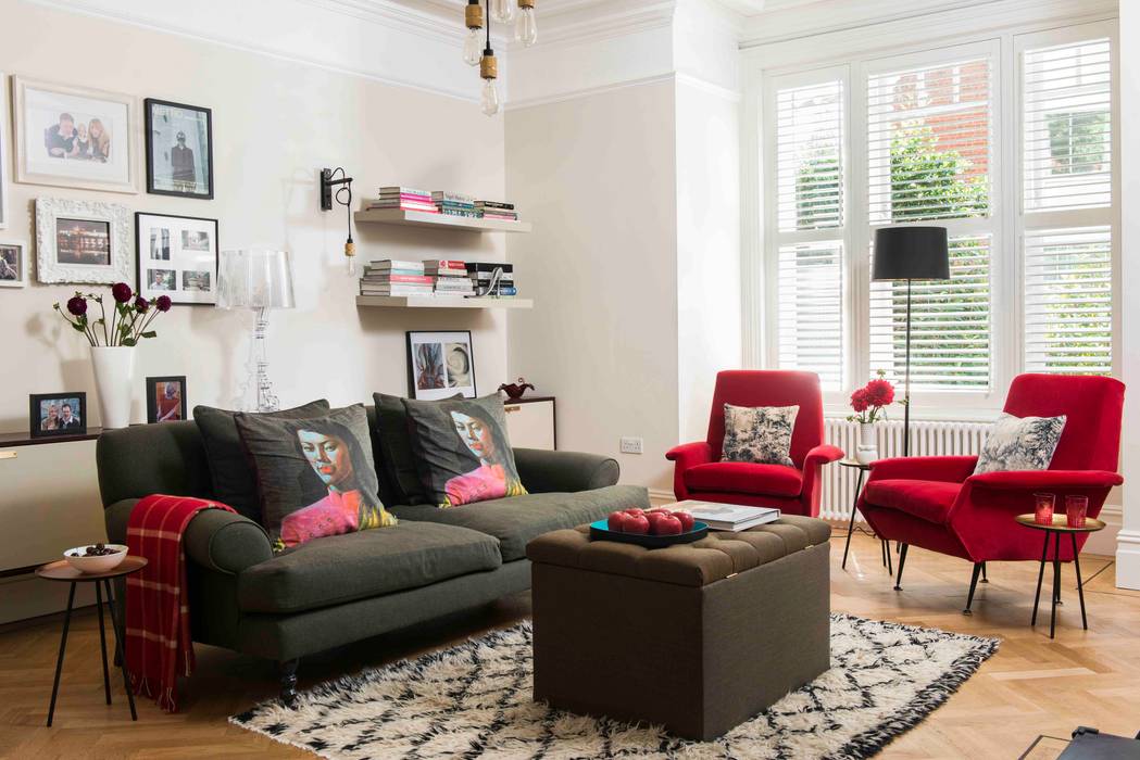 Whitehall Park Residential SWM Interiors & Sourcing Ltd Living room parquet flooring,cosy sofa,ottoman,chairs