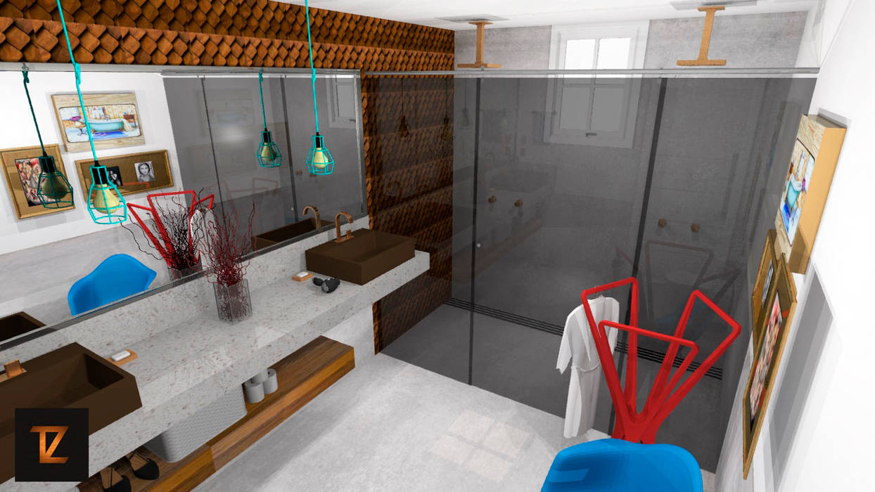 Vista1 Thiago Zuza Design de interiores Banheiros modernos Concreto Branco banheiro,moderno,interior,lavabo,concret,madeira,charles,cabide,iuminação