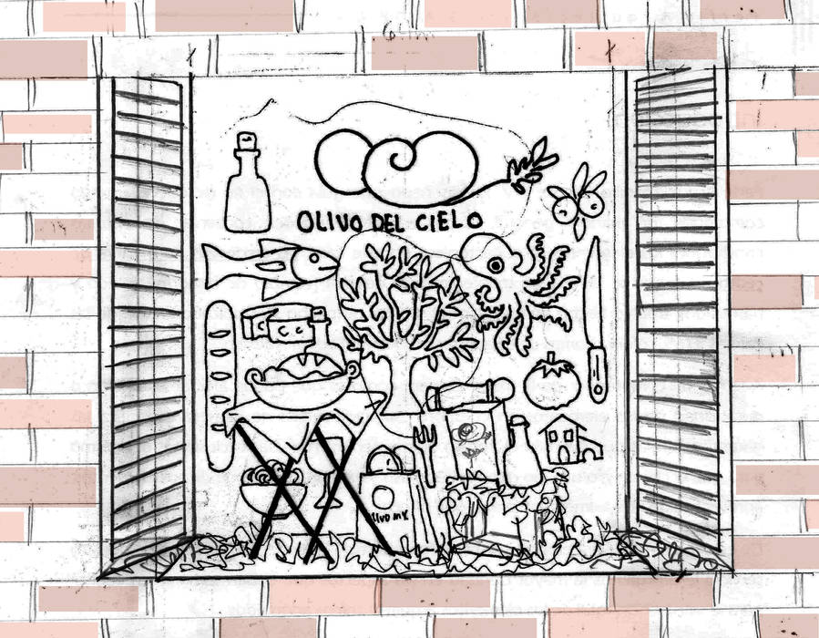 Boceto Escaparate Olivo del Cielo Perfil Arquitectónico boceto,dibujo,olivo del cielo,aceite de oliva,ventana,decoracion