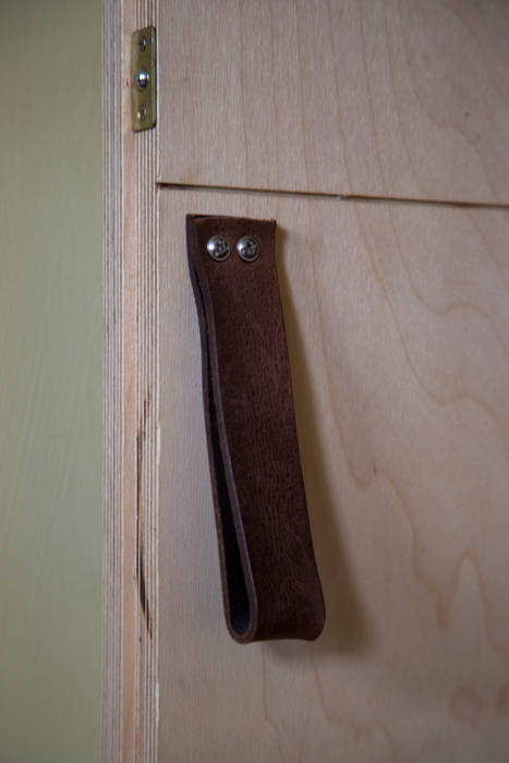 Leather door handle in custom birch ply door Cura Design Door Handle,Leather handle,ball catch,Custom Door,Birch Ply Door