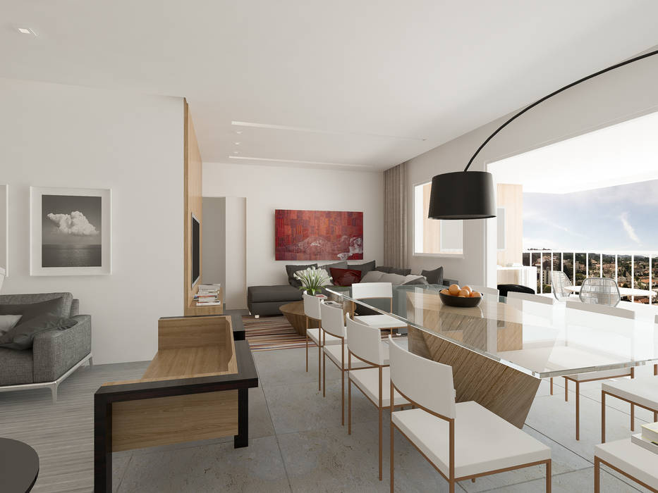 Banco dividindo a sala de estar com jantar Mario Catani - Arquitetura e Decoração Sala de estarBancos e cadeiras banco de madeira,sala de jantar,sala de estar,living