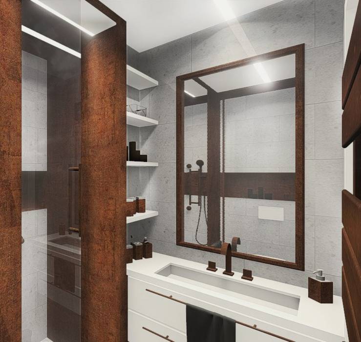 Industral apartment KOKON zespół architektoniczny Industrial style bathroom Building,Property,Furniture,Cabinetry,Bathroom cabinet,Mirror,Fixture,Wood,House,Shelving