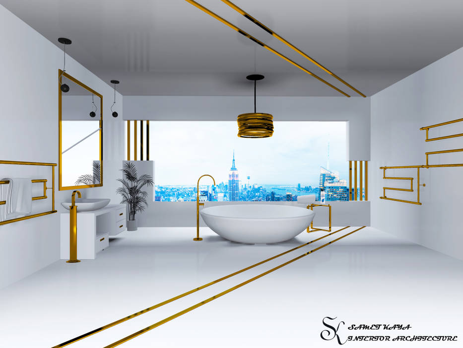 LUXURY BANYO TASARIMI SKY İç Mimarlık & Mimarlık Tasarım Stüdyosu Modern Banyo LUXURY,BANYO,TASARIMI,BATHROOM,DESİGN,İÇ MİMAR,GOLD,WHİTE