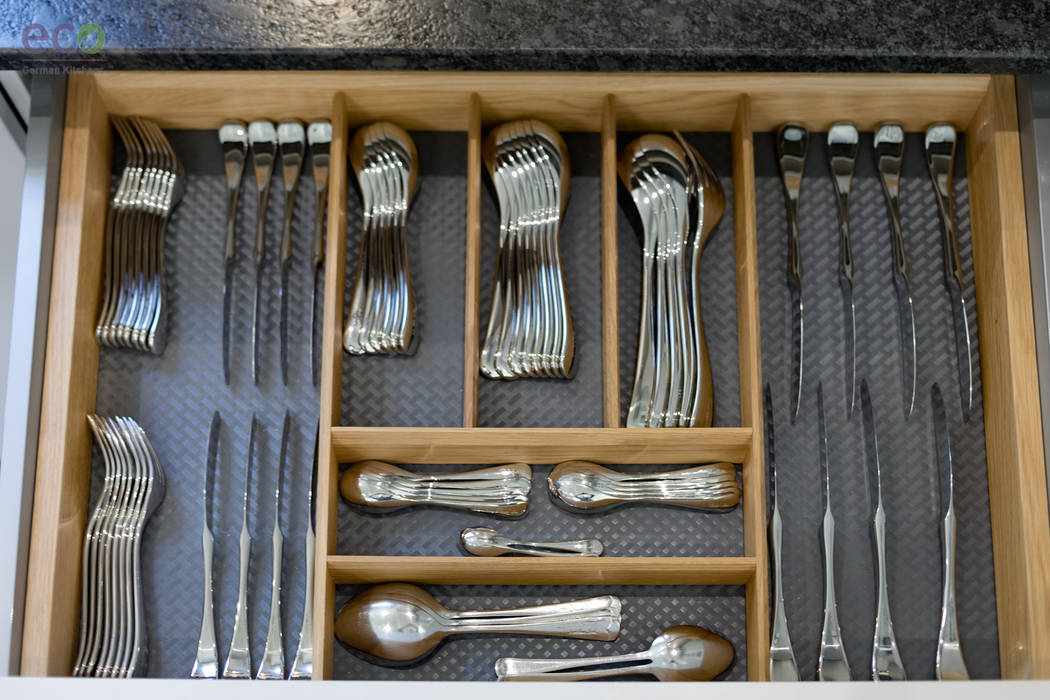 Stunning open plan Satin Grey kitchen Eco German Kitchens Kitchen MDF cutlery inserts,anti-slip,mats