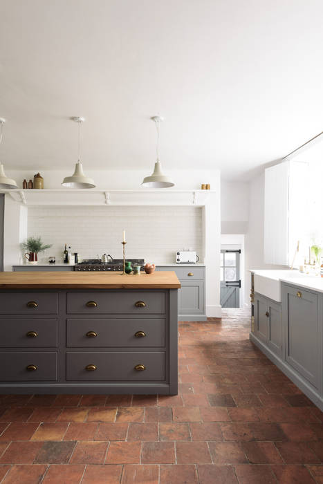 The Cheshire Townhouse Kitchen by deVOL deVOL Kitchens Rustic style kitchen Wood Wood effect grey island,kitchen island,brass hardware,pendant lighting,quarry tiles,belfast sink,brass taps,interior,style,simple,Cabinets & shelves