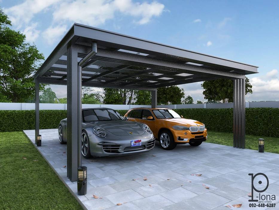 โรงจอดรถหลังคาโพลี่คาร์บอเนตแผ่นตันเรียบ, P-lona P-lona Modern Garage and Shed Iron/Steel