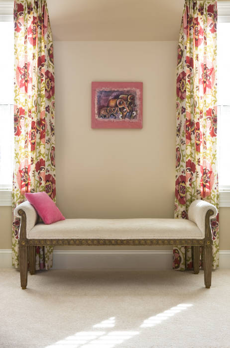 Next Generation - Girl's Room Lorna Gross Interior Design Classic style bedroom pink,bench,floral drapes,tween,girls room,chic,high end,custom drapes,upholstered bench,roll arm,bright