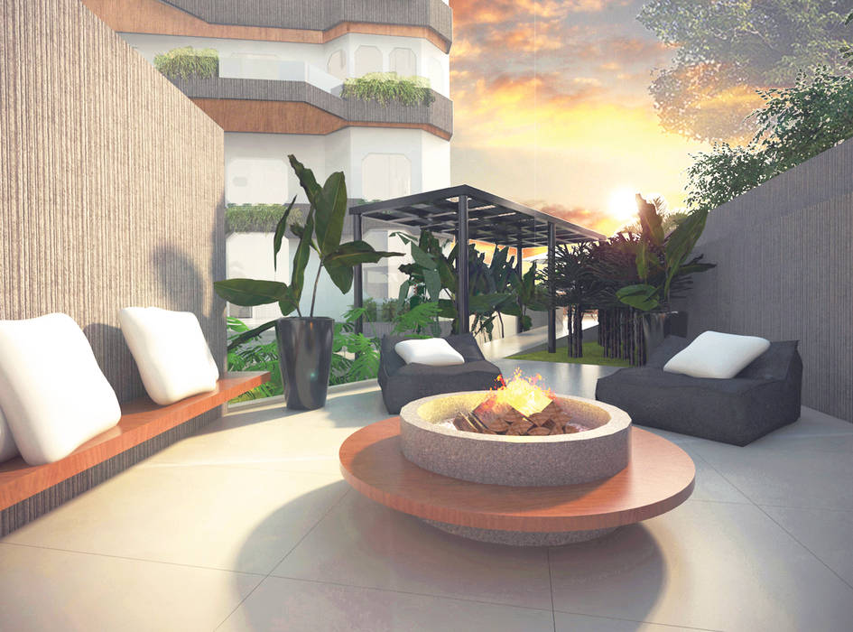 Lounge externo Cecília Mesquita Arquitetura Jardins minimalistas Madeira Efeito de madeira