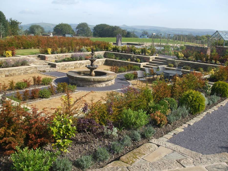 Formal Garden & Swimming Pond Charlesworth Design fountain,waterfeature,formal garden,breedon gravel,terracing,raised beds,cheshire garden,formalgarden,ornamental pool