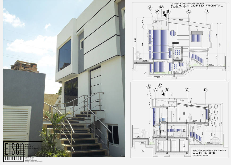 Fachada Frontal. Detalle de la escalera frontal exterior EISEN Arquitectura + Construccion Casas de estilo escandinavo Concreto Home,Project,architecture,Proyecto,arquitectura,vivienda,Valencia,Caracas,Venezuela,Arquitecto,Eisen Guerrero,Gerente Construcción