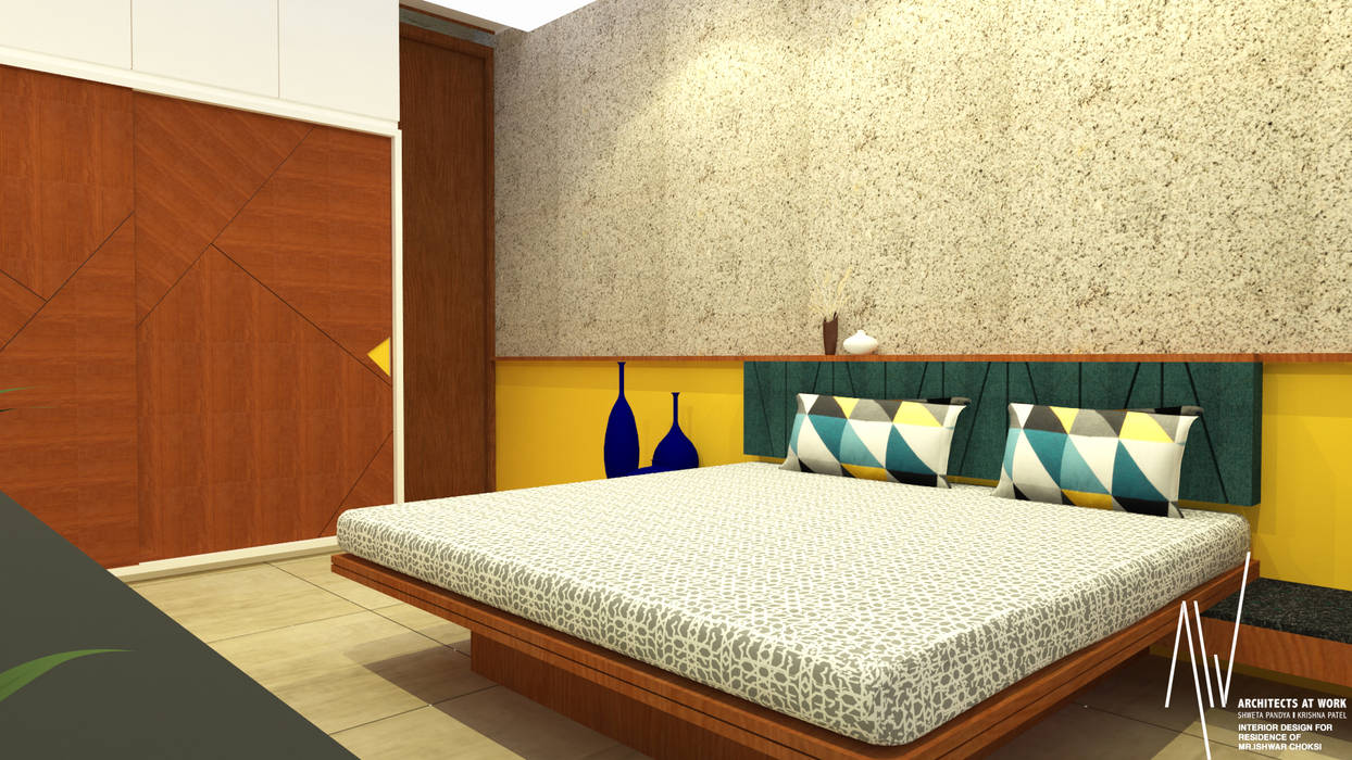 Interior of Ishwarbhai, Architects at Work Architects at Work Modern style bedroom Furniture,Property,Comfort,Wood,Building,Shade,Textile,House,Interior design,Rectangle