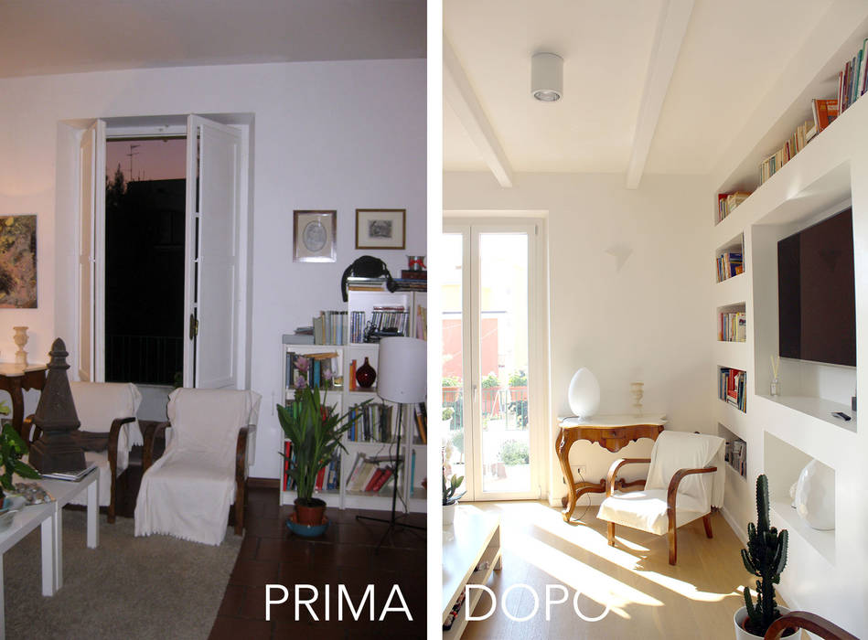 Il Salotto PRIMA / DOPO Architetto Luigia Pace travi a vista,applique,libreria,libri