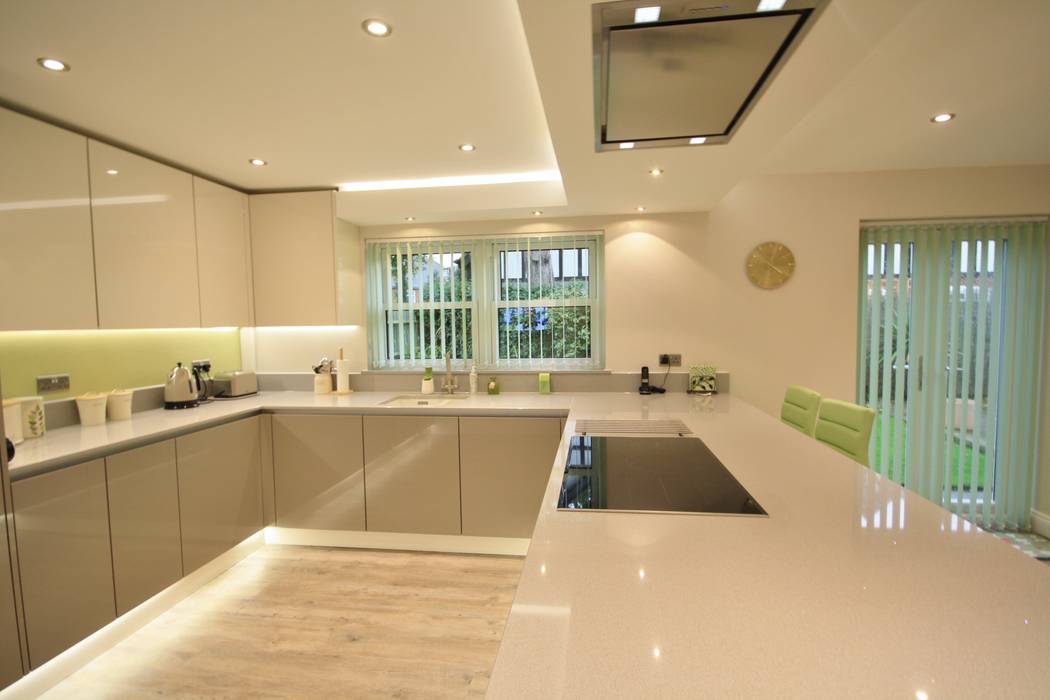 Ivory and stone grey gloss kitchen with quartz worktop