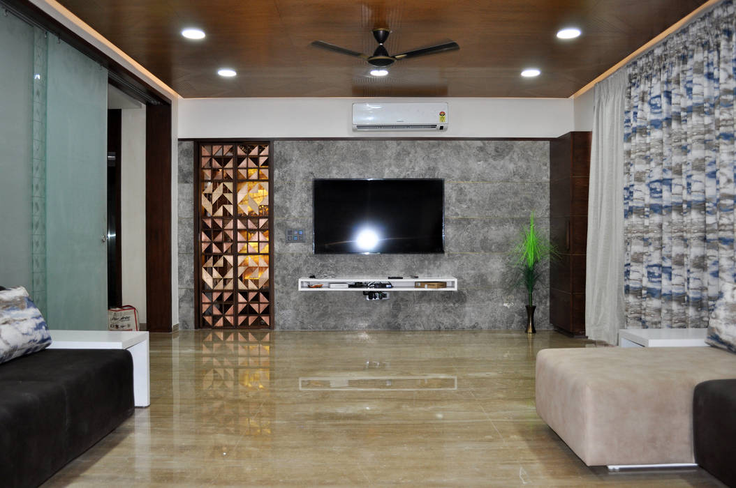 Interior of Nikhil Prajapati, Architects at Work Architects at Work Modern living room Property,Couch,Television,Wood,Ceiling fan,Building,Lighting,Comfort,Interior design,Flooring