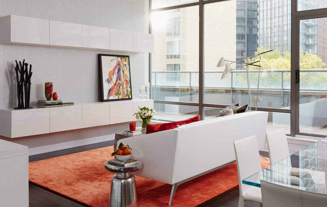 Living Room Douglas Design Studio Modern living room red,orange,condo,downtown,white,sofa,white sofa,red rug,stainless,funky,apartment,flat,Accessories & decoration