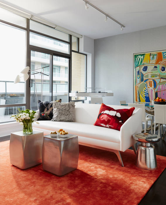 Living Room Douglas Design Studio Modern living room westwood,vivienne westwood,sofa,white sofa,artwork,rug,red rug,red throw rug,condo,apartment,fun,funky,Accessories & decoration