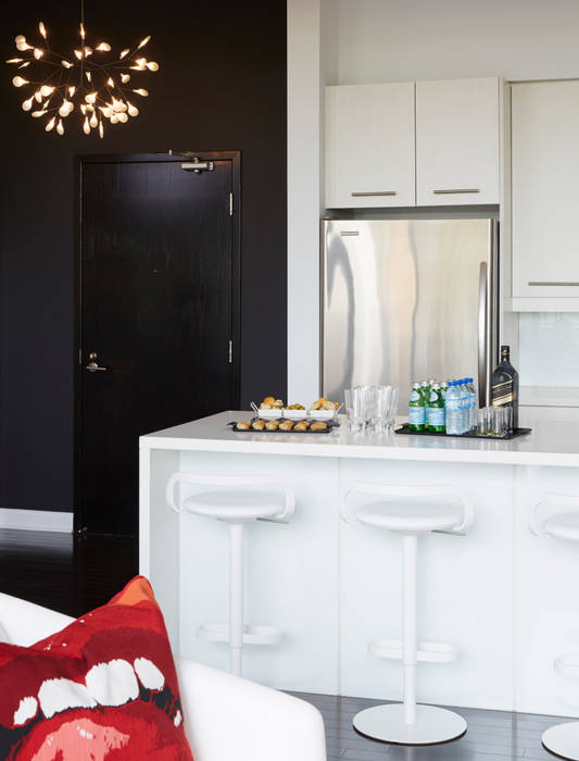 Kitchen & Entry Douglas Design Studio Modern kitchen entry,foyer,kitchen,white,minimal,modern,stools,vivienne westwood,red,sofa,lighting,burst,Tables & chairs