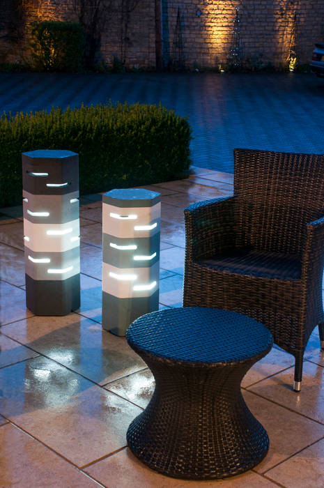 Holix IV in Charcoal Lustre, Grey Mist and Vanilla Ice, alongside Holix III Jalu Ltd Modern Garden Patio lighting,Decorative lighting,Outdoor dining,Garden design,Interior design,Landscape design,Lighting