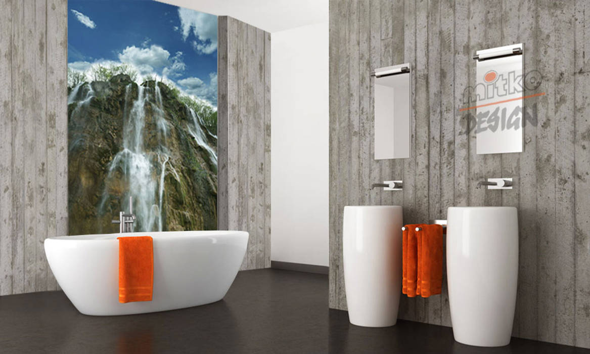 Wasserfall hinter der badewanne – einsatz von xxl glasbild ...