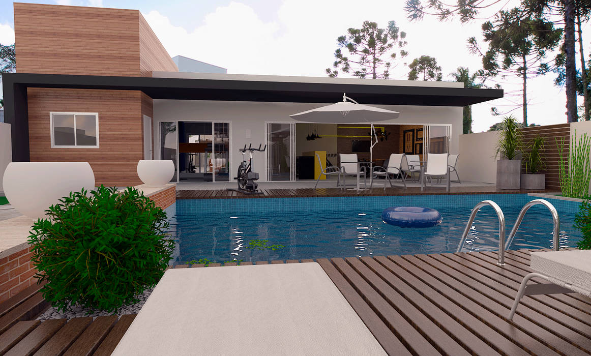 Piscina com churrasqueira Vinicius Miguel Arquitetura Garagens e edículas modernas piscina de jardim,piscina,jardim principal